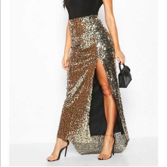 🆕Gold sequin maxi skirt w/slit&train elasticwaist - Picture 3 of 4